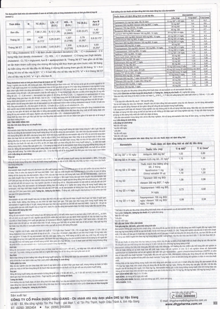 Thuốc Atorlip 20mg DHG điều trị tăng cholesterol toàn phần và LDL-cholesterol (3 vỉ x 10 viên)