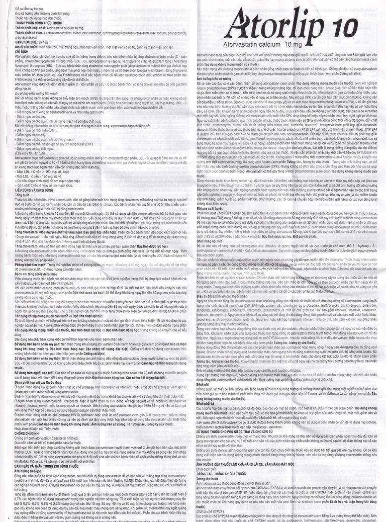 Thuốc Atorlip 10mg DHG điều trị tăng cholesterol toàn phần, tăng LDL-cholesterol (3 vỉ x 10 viên)