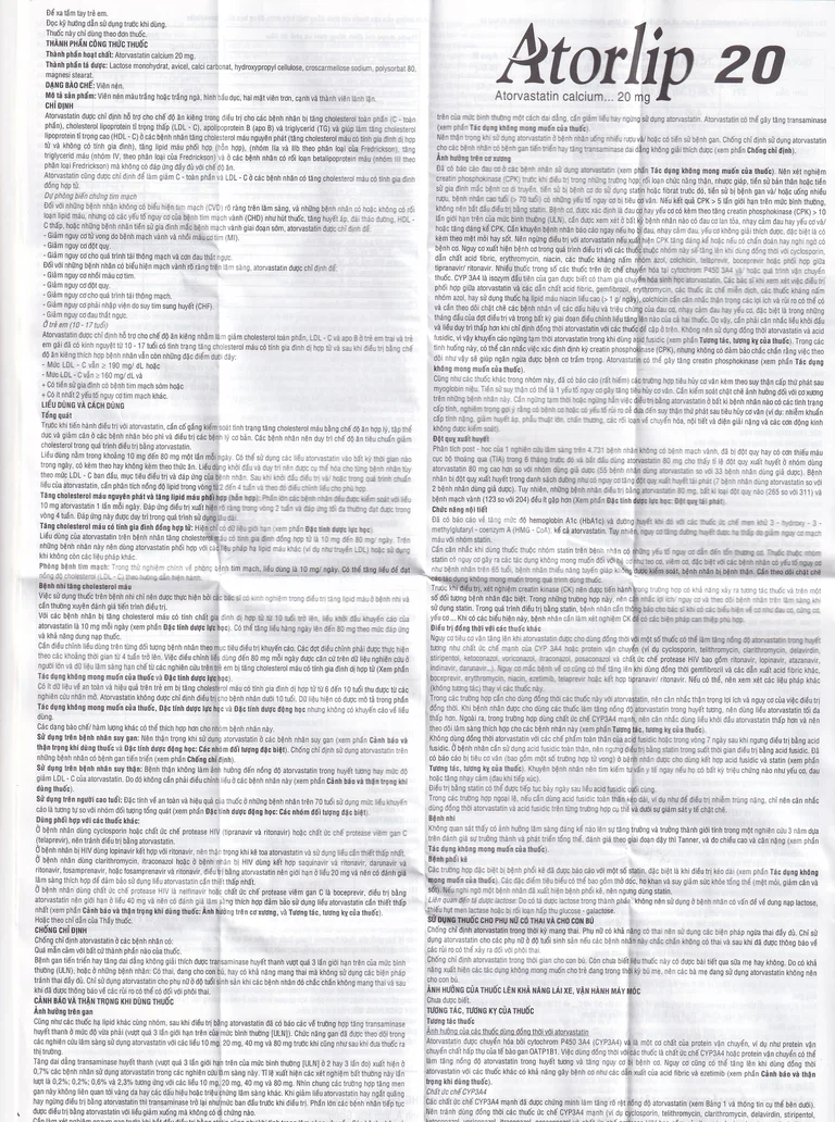 Thuốc Atorlip 20mg DHG điều trị tăng cholesterol toàn phần và LDL-cholesterol (3 vỉ x 10 viên)