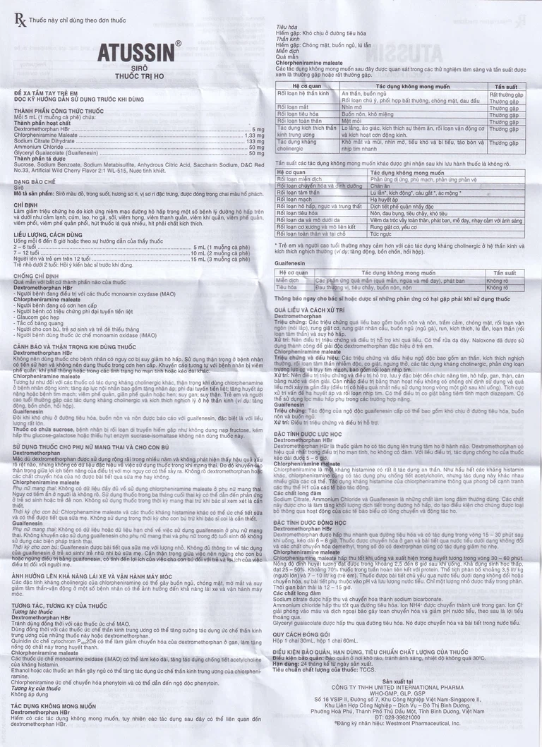 Siro ho Atussin United hỗ trợ giảm các triệu chứng ho (60ml)