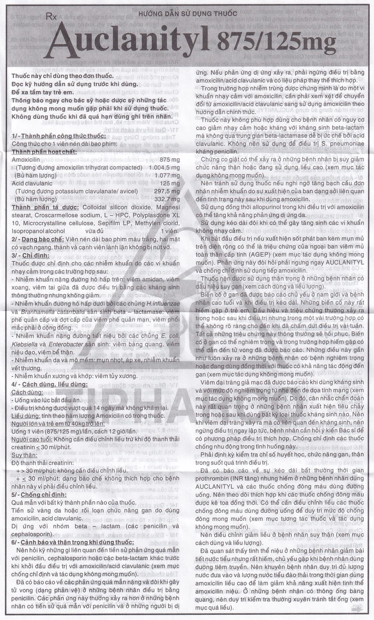 Thuốc Auclanityl 875/125mg Tipharco điều trị nhiễm khuẩn (2 vỉ x 7 viên)