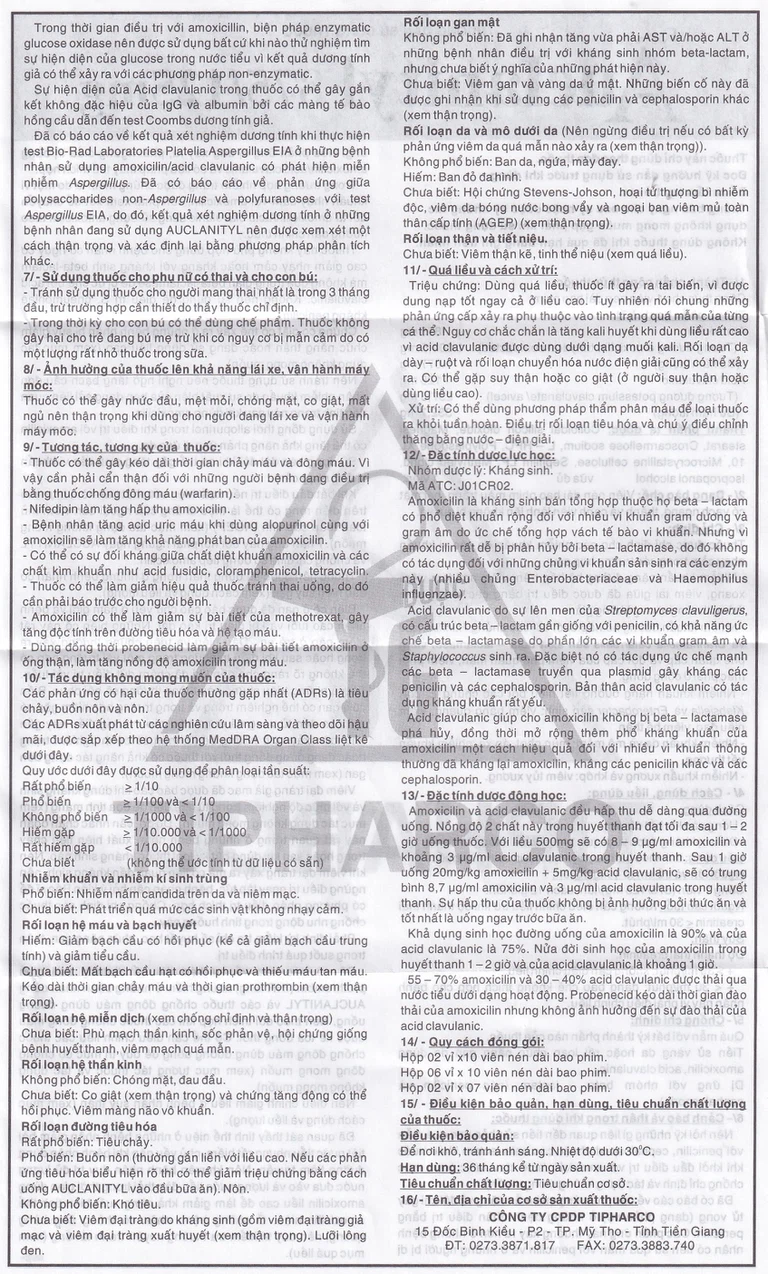 Thuốc Auclanityl 875/125mg Tipharco điều trị nhiễm khuẩn (2 vỉ x 7 viên)