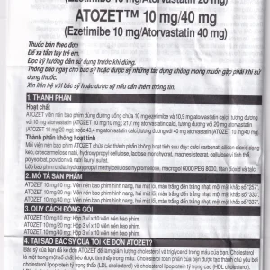 Thuốc Atozet 10mg/10mg MSD điều trị rối loạn mỡ máu, phòng ngừa các bệnh tim mạch (3 vỉ x 10 viên)