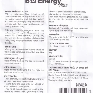 Dung dịch uống B12 Energy Max Italy bổ sung acid amin và vitamin B12 cho cơ thể (10 lọ x 10ml)