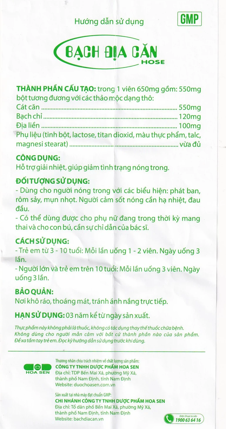 Viên uống Bạch Địa Căn Hose Hoa Sen dùng cho người cảm sốt nóng cần hạ nhiệt, đau đầu (10 vỉ x 10 viên)