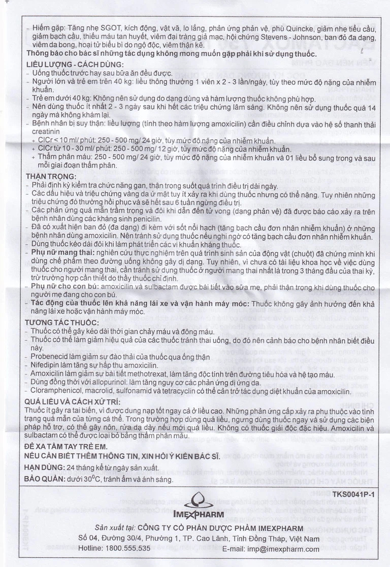 Thuốc Bactamox 750 Imexpharm điều trị nhiễm khuẩn (2 vỉ x 7 viên)