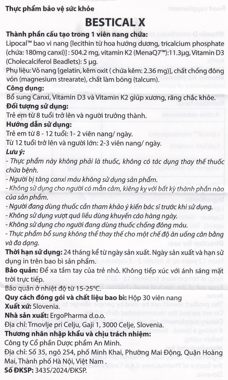 Viên uống BesticalX Ergopharm bổ sung canxi, vitamin D3 và vitamin K2, hỗ trợ xương, răng (30 viên)