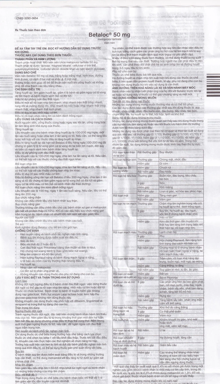 Thuốc Betaloc 50mg AstraZeneca điều trị tăng huyết áp, dự phòng đau thắt ngực (3 vỉ x 20 viên)