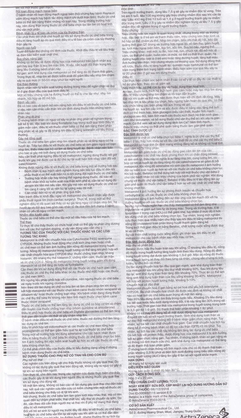 Thuốc Betaloc 50mg AstraZeneca điều trị tăng huyết áp, dự phòng đau thắt ngực (3 vỉ x 20 viên)