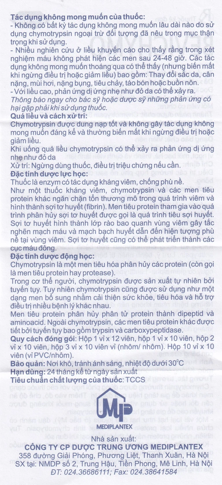 Thuốc Bevichymo Chymotrypsin 8400 Usp Mediplantex giảm đau, hạ sốt và kháng viêm (1 vỉ x 12 viên)