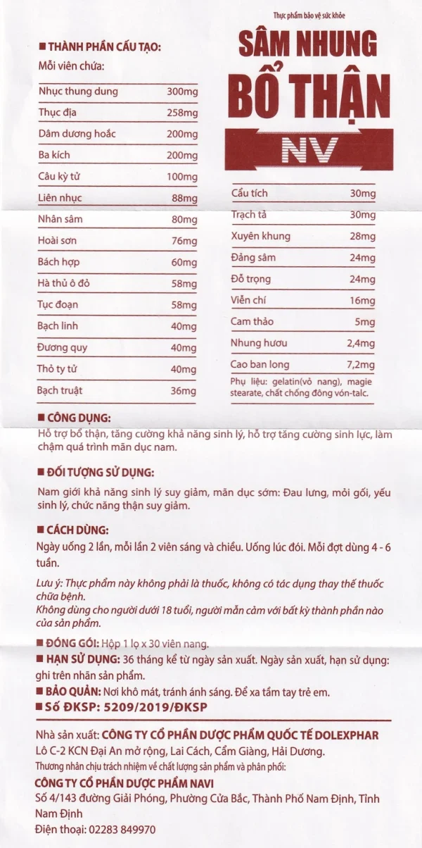 Viên uống Sâm Nhung Bổ Thận NV Dolexpharm hỗ trợ tráng dương, tăng cường sinh lực (30 viên)