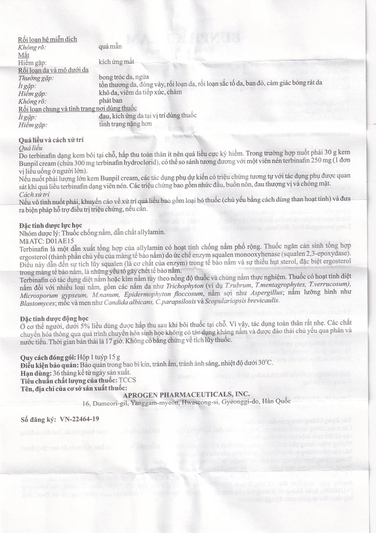 Kem bôi ngoài da Bunpil 10mg Aprogen điều trị nấm da, lang ben (15g)