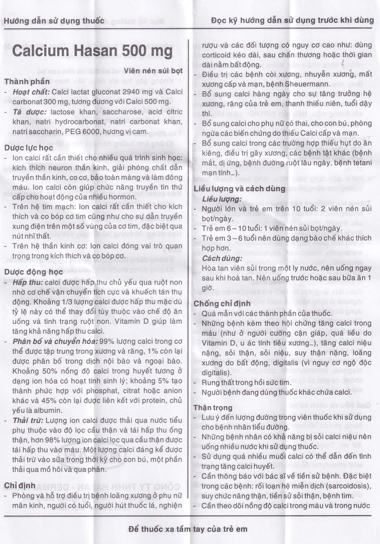 Viên sủi Calcium Hasan 500mg phòng và hỗ trợ điều trị bệnh loãng xương (20 viên)