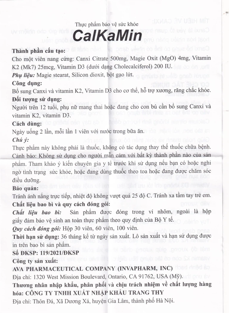 Viên uống CalKaMin AVA Pharmaceutical bổ sung canxi và vitamin K2, vitamin D3 cho cơ thể