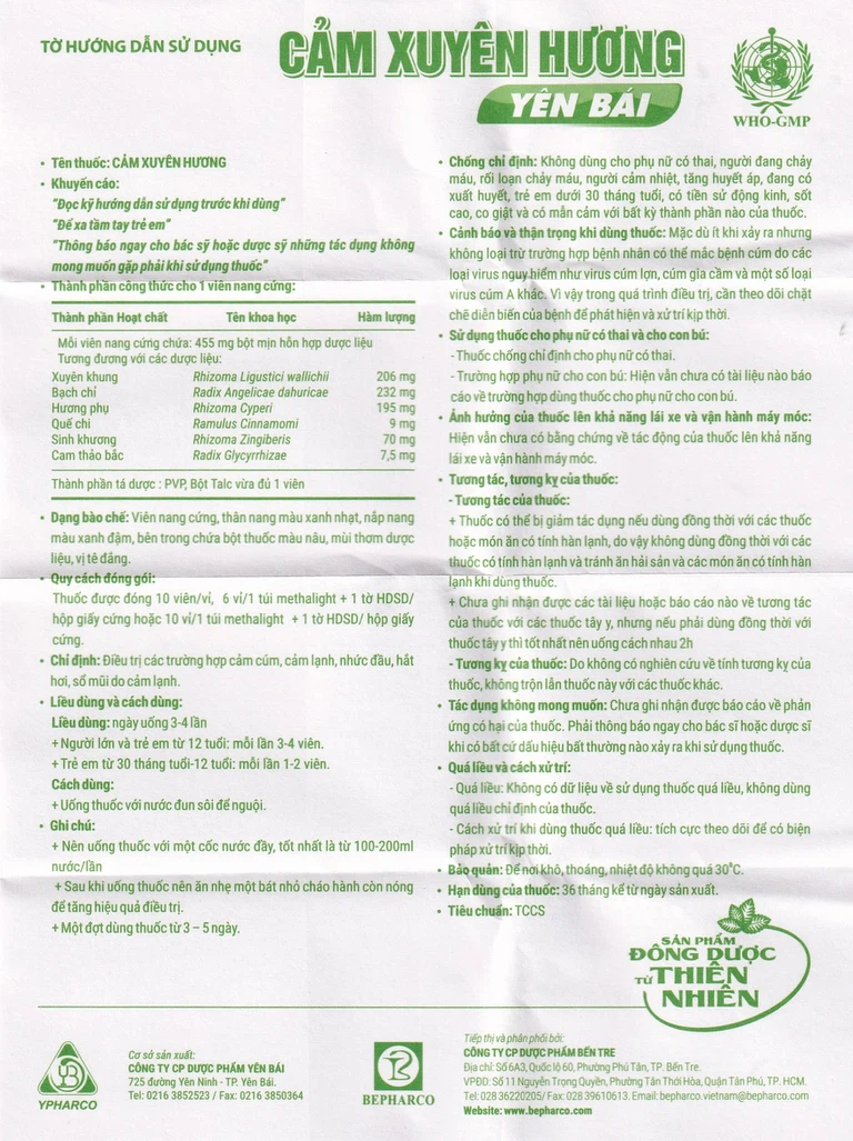 Thuốc Cảm Xuyên Hương Yên Bái điều trị cảm cúm, cảm lạnh (10 vỉ x 10 viên)