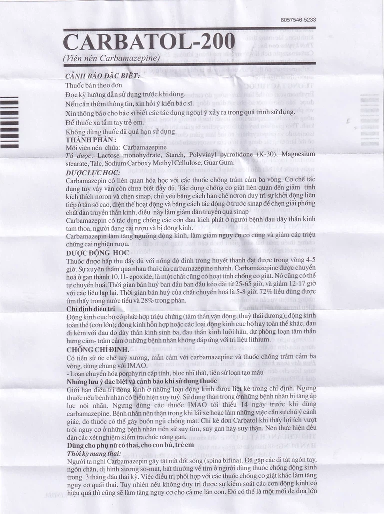 Thuốc Carbatol 200 Torrent điều trị bệnh động kinh cục bộ (10 vỉ x 10 viên)