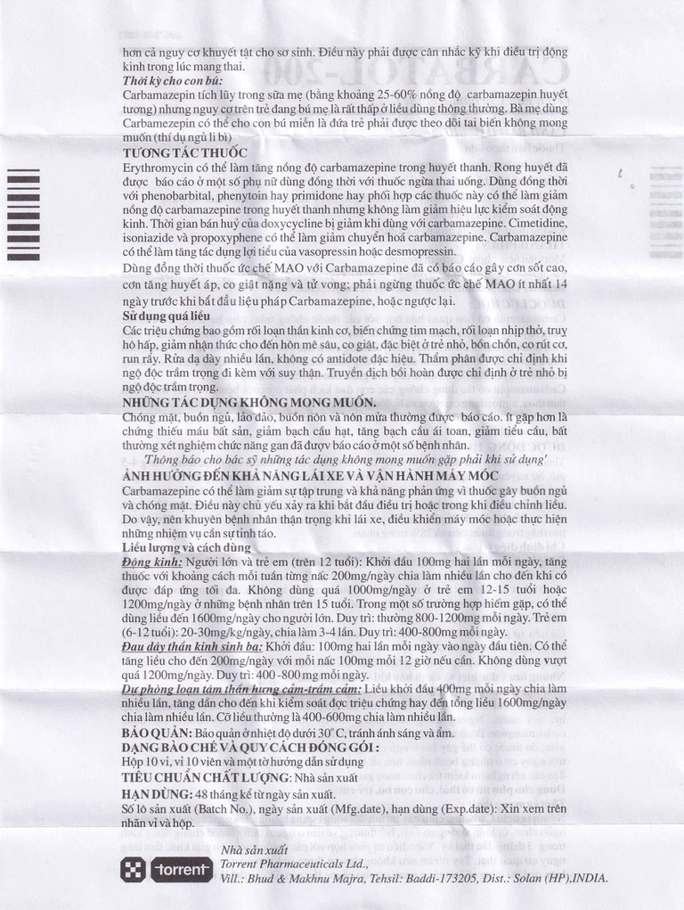 Thuốc Carbatol 200 Torrent điều trị bệnh động kinh cục bộ (10 vỉ x 10 viên)