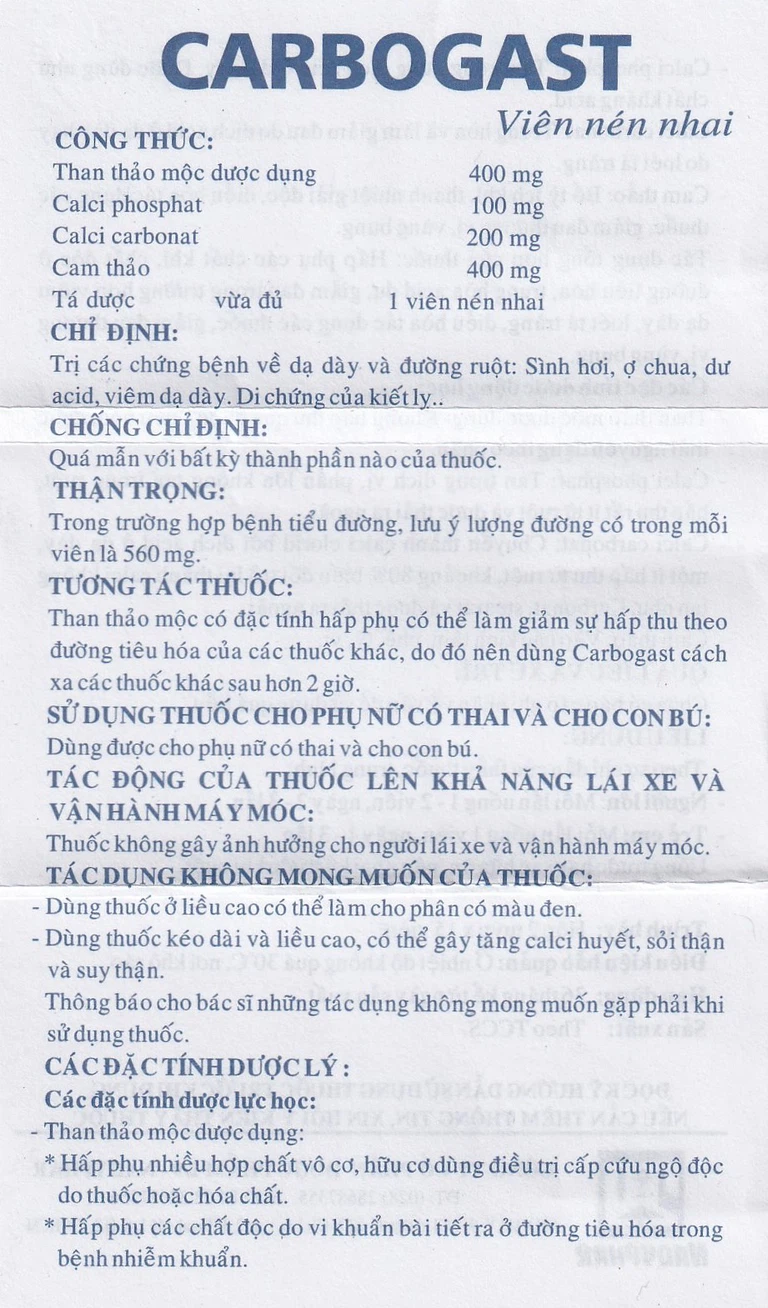 Viên nhai Carbogast Nadyphar điều trị bệnh dạ dày và đường ruột, di chứng của kiết lỵ (2 tuýp x 15 viên)