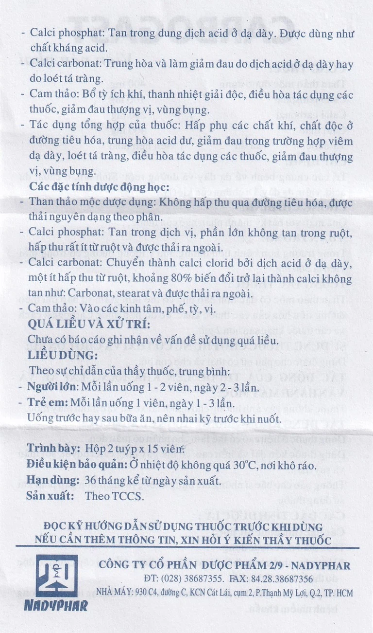 Viên nhai Carbogast Nadyphar điều trị bệnh dạ dày và đường ruột, di chứng của kiết lỵ (2 tuýp x 15 viên)