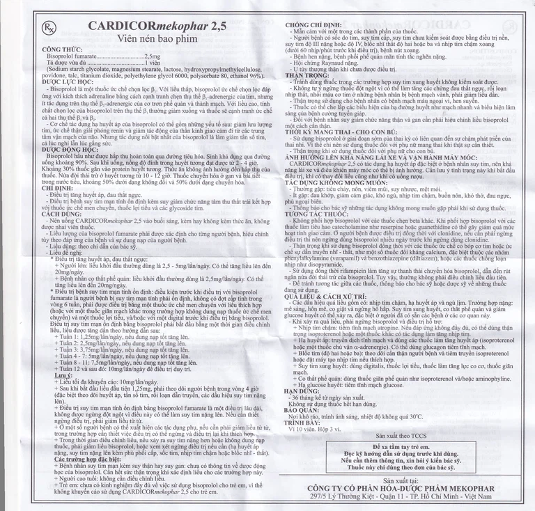 Thuốc Cardicor Mekophar 2.5 điều trị tăng huyết áp, đau thắt ngực (3 vỉ x 10 viên)