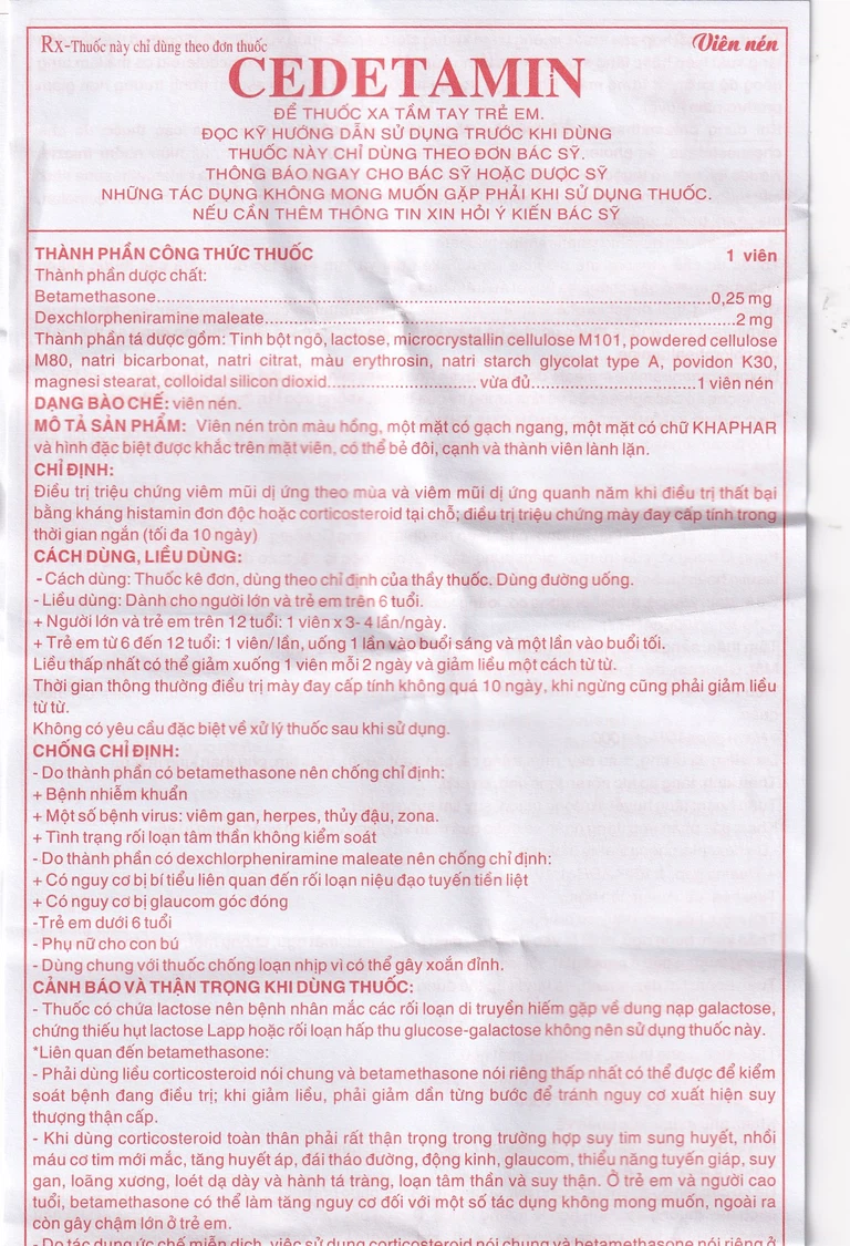Thuốc Cedetamin Khapharco điều trị viêm mũi dị ứng, mày đay (2 vỉ x 15 viên)