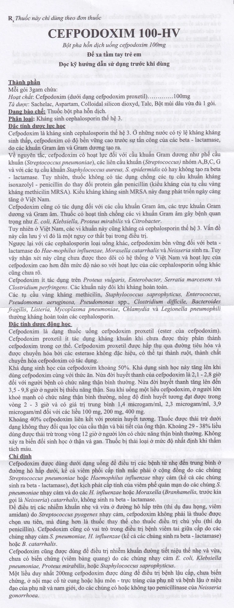 Bột pha hỗn dịch uống Cefpodoxim 100-HV USP điều trị nhiễm khuẩn (10 gói x 3g)