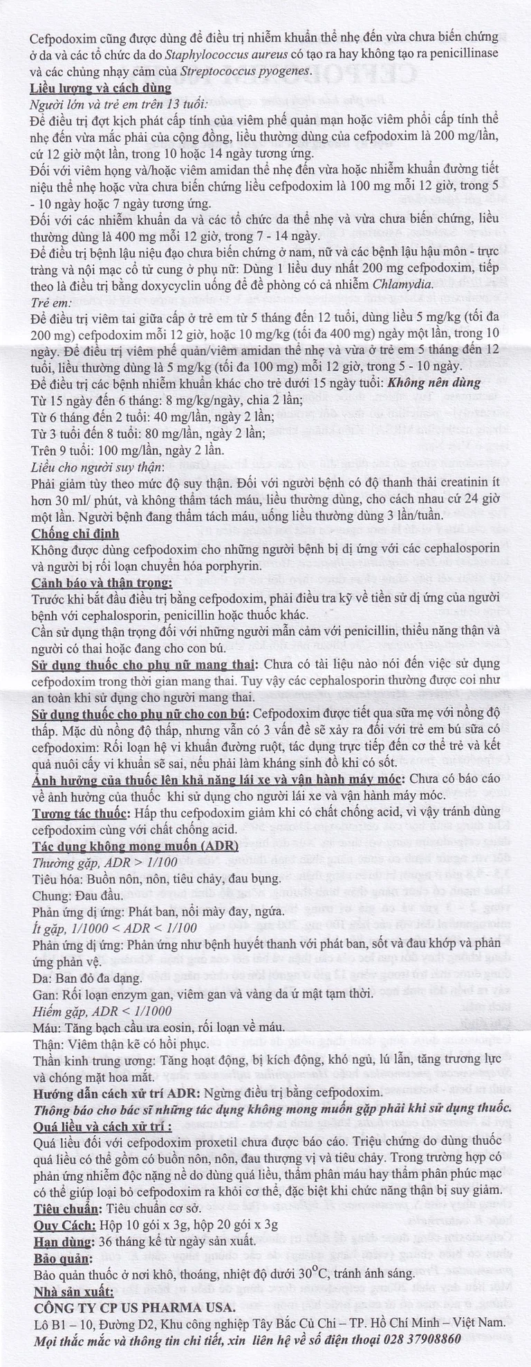 Bột pha hỗn dịch uống Cefpodoxim 100-HV USP điều trị nhiễm khuẩn (10 gói x 3g)