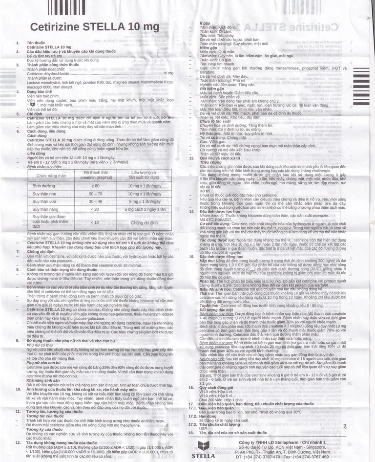 Thuốc Cetirizine Stella 10mg giảm viêm mũi dị ứng, mày đay (5 vỉ x 10 viên)