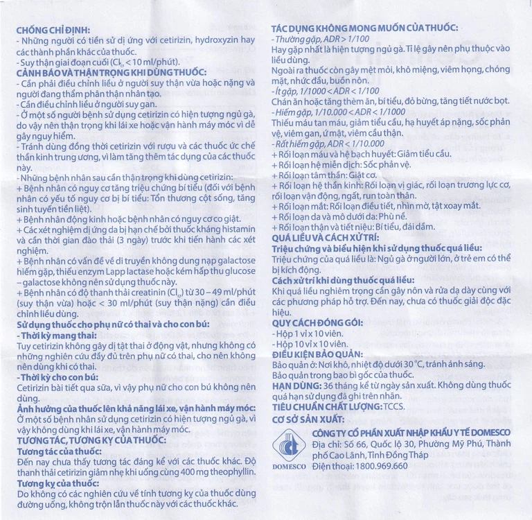 Thuốc Cetirizin 10mg Domesco điều trị viêm mũi dị ứng, mày đay (10 vỉ x 10 viên)