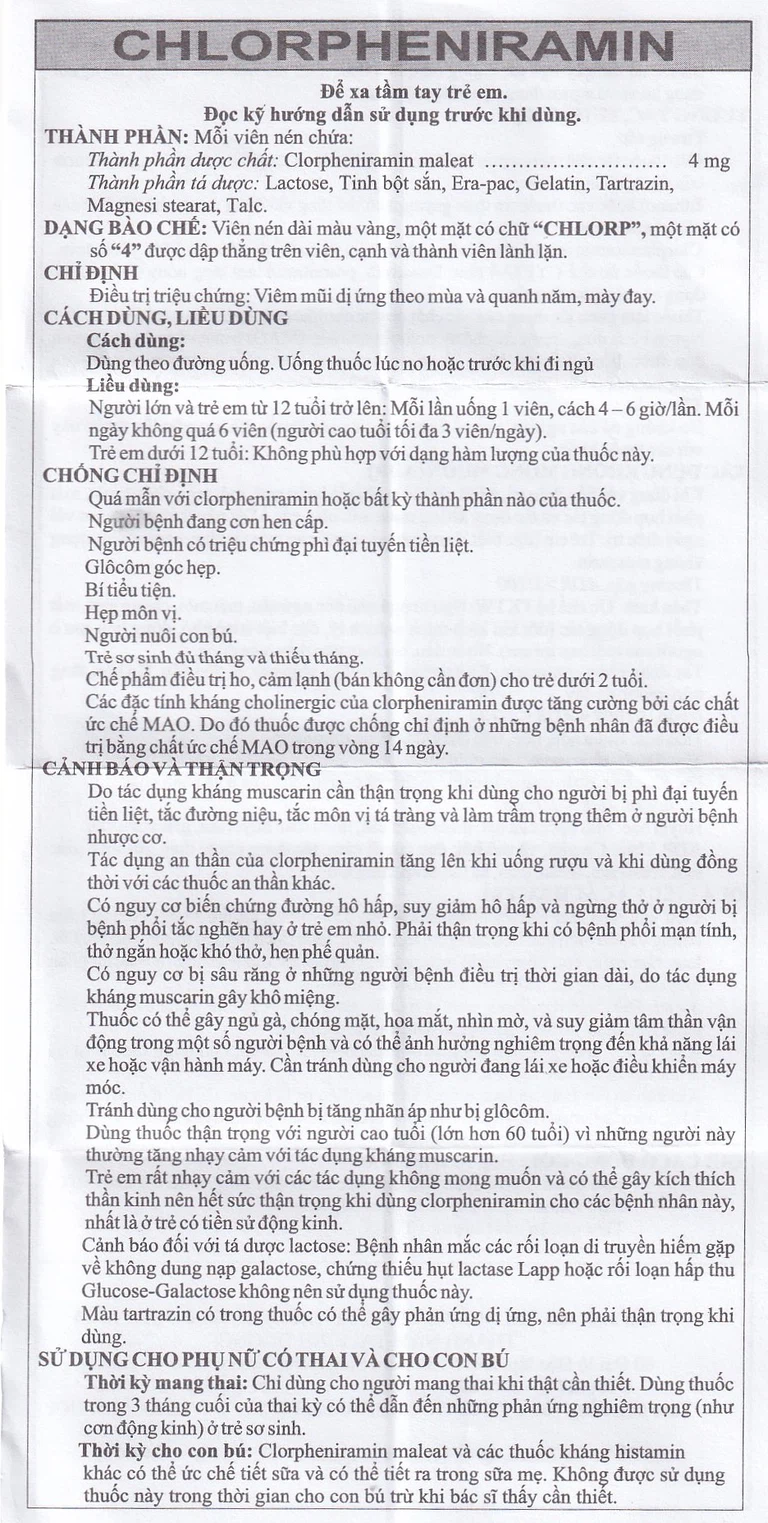 Thuốc Chlorpheniramin 4mg Fourdiphar điều trị viêm mũi dị ứng, mày đay (10 vỉ x 20 viên)
