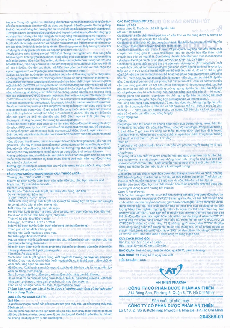 CLOPIDOGREL-VK 75MG AN THIÊN 3X10