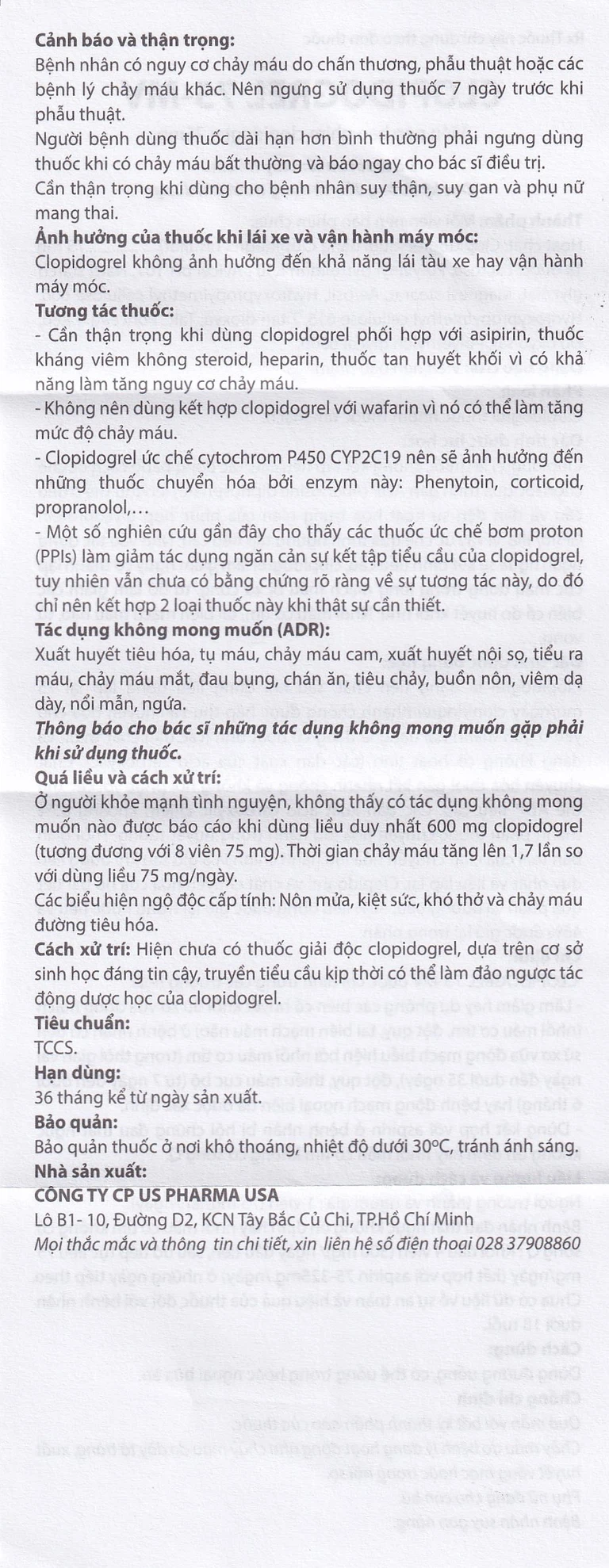 Thuốc Clopidogrel 75 - MV USP làm giảm hay dự phòng các biến cố huyết khối (3 vỉ x 10 viên)