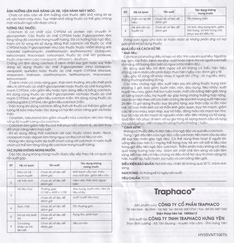 Thuốc Colchicin 1mg Traphaco phòng tái phát viêm khớp do gút và điều trị dài ngày bệnh gút (1 vỉ x 20 viên)