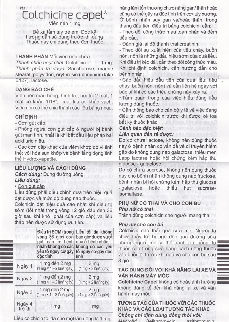 Thuốc Colchicine Capel 1mg Mayoly Spindler phòng ngừa và điều trị cơn gút cấp (20 viên)