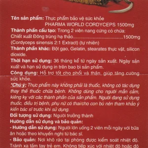 Viên uống Đông Trùng Hạ Thảo Pharma World Cordyceps 1500mg hỗ trợ tốt cho phổi và thận (60 viên)