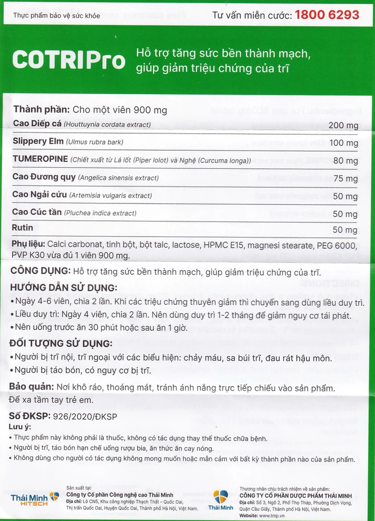 Viên uống Cotripro Thái Minh hỗ trợ tăng sức bền thành mạch, giảm triệu chứng của trĩ (2 vỉ x 10 viên)