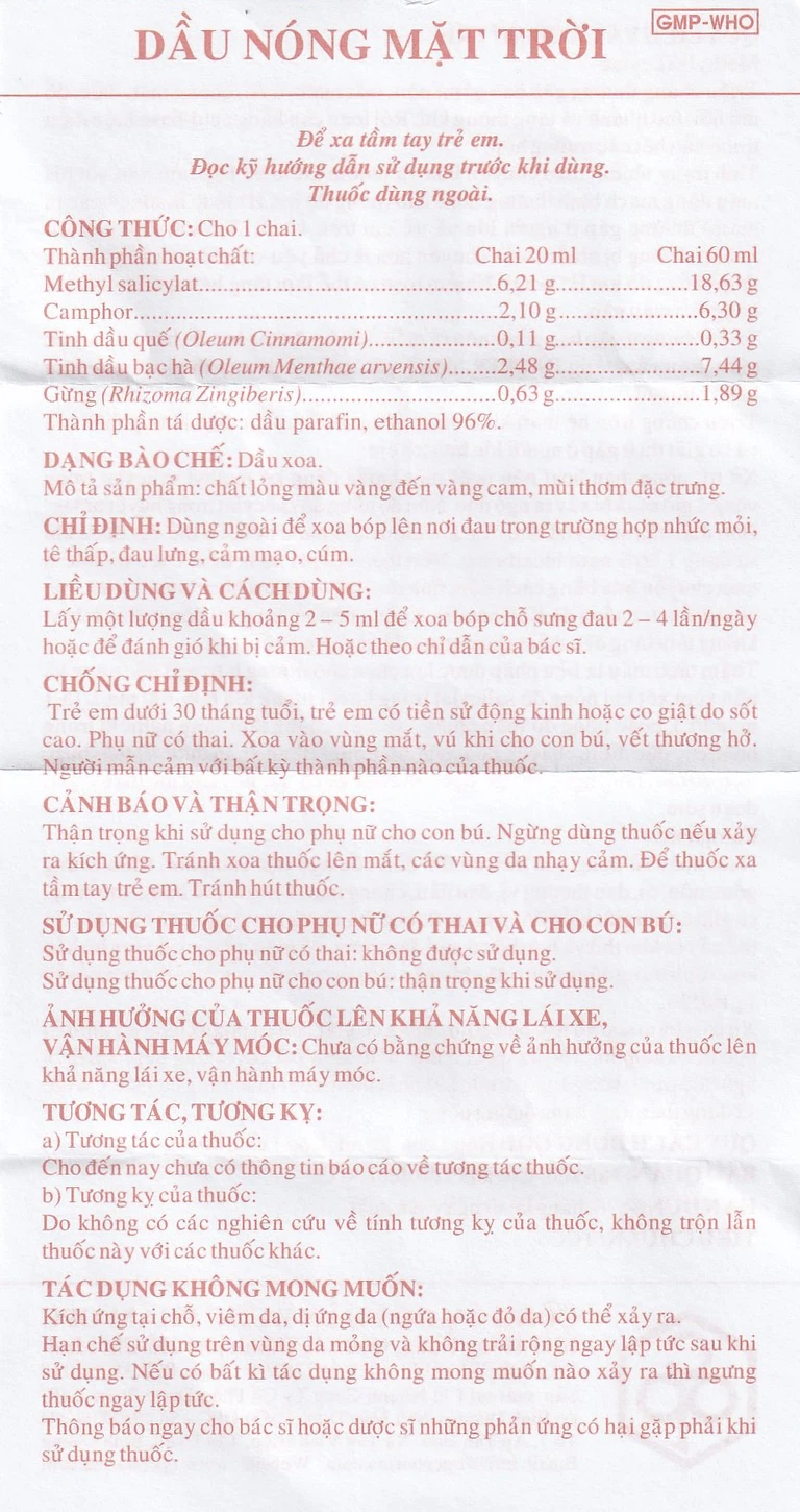 Dầu nóng Mặt Trời OPC điều trị nhức mỏi, tê thấp, đau lưng, cảm mạo, cúm (60ml)
