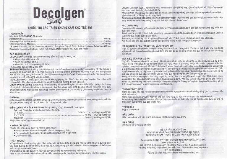 Siro Decolgen Untied điều trị các triệu chứng cảm thông thường, viêm mũi dị ứng (60ml)