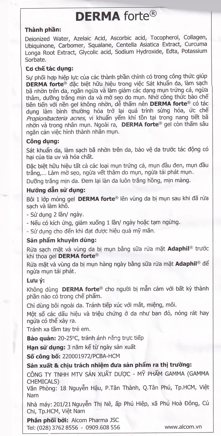 Gel Derma Forte Gamma hỗ trợ làm mờ sẹo, ngừa vết thâm, ngừa tái phát mụn, sạch bã nhờn trên da (15g)