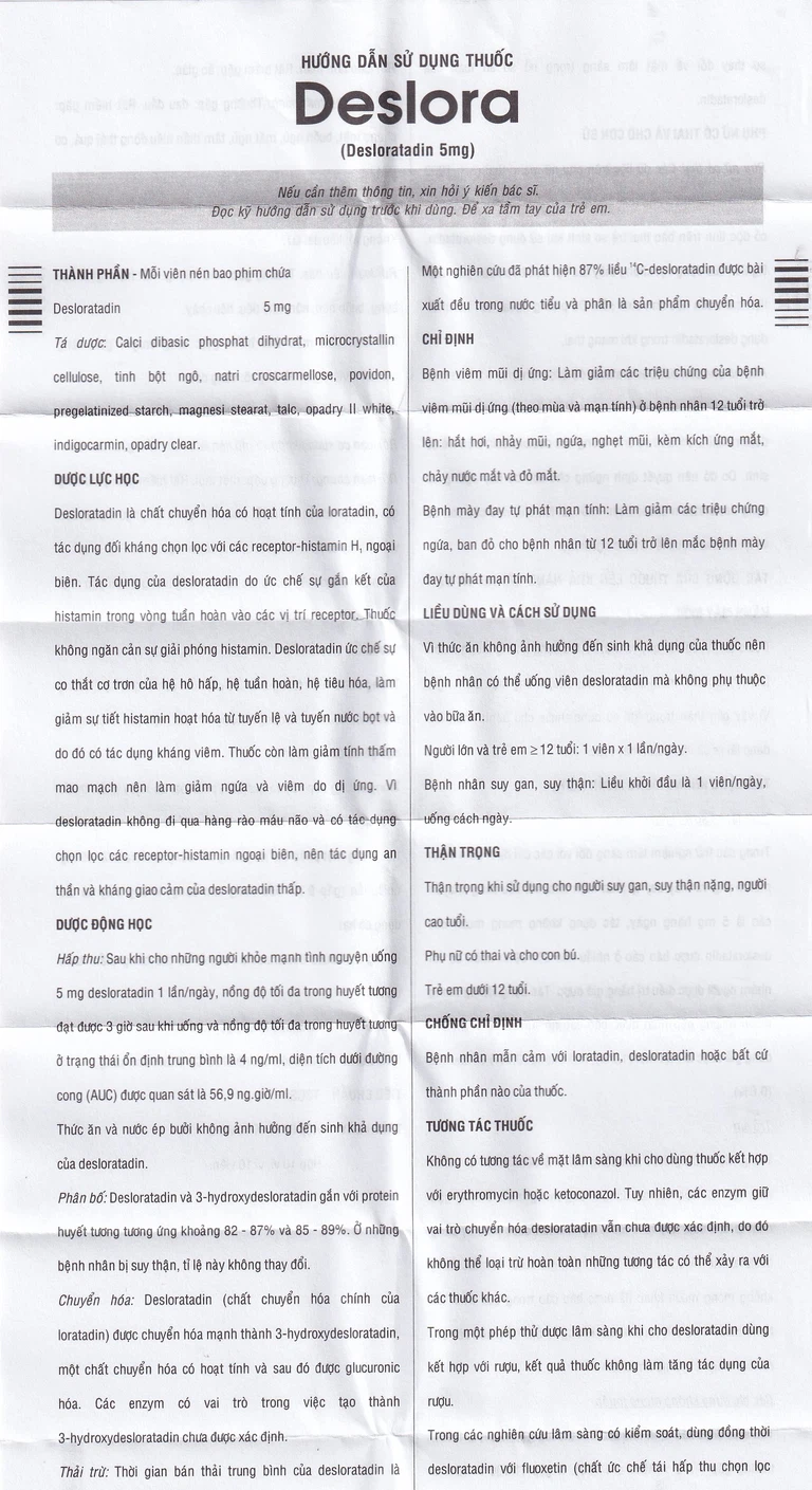 Thuốc Deslora 5mg giảm các triệu chứng dị ứng theo mùa và viêm mũi dị ứng (3 vỉ x 10 viên)