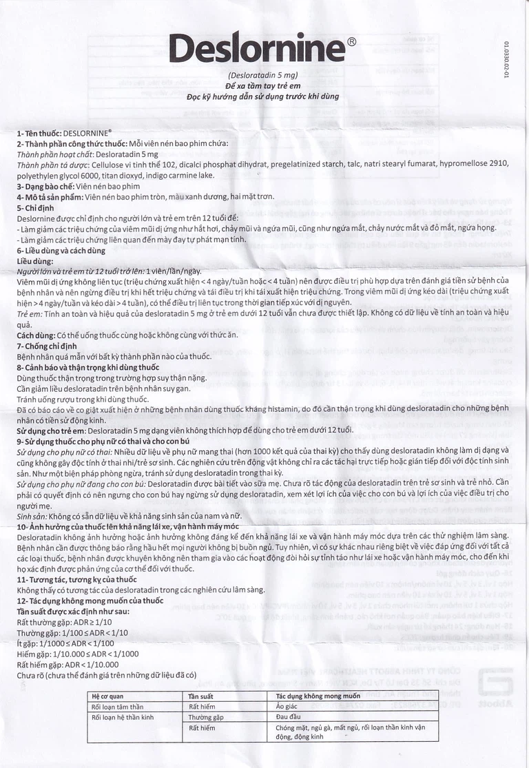Thuốc Deslornine Abbott 5mg Làm giảm các triệu chứng của viêm mũi dị ứng (3 vỉ x 10 viên)