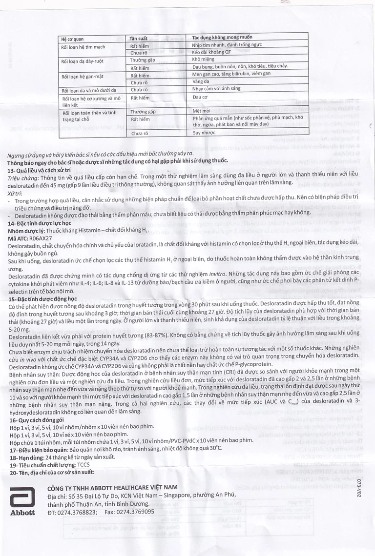 Thuốc Deslornine Abbott 5mg Làm giảm các triệu chứng của viêm mũi dị ứng (3 vỉ x 10 viên)