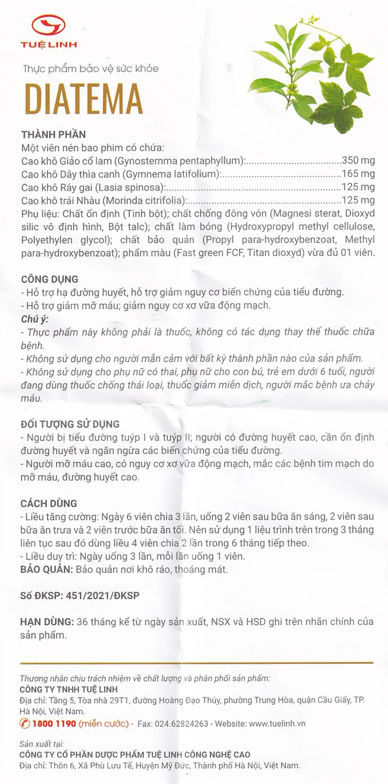 Viên uống Diatema Tuệ Linh hỗ trợ hạ đường huyết, giảm mỡ máu (60 viên)