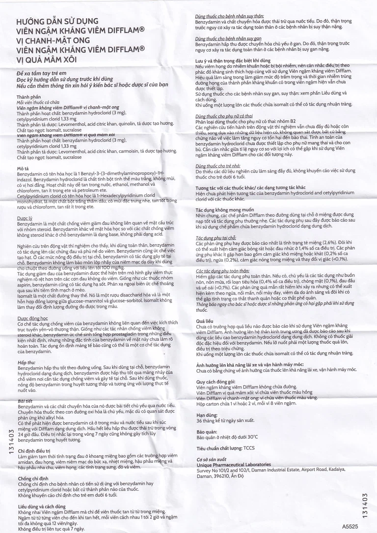 Viên ngậm kháng viêm Difflam vị chanh Unique Pharma hỗ trợ điều trị viêm amidan, đau họng (1 vỉ x 8 viên)