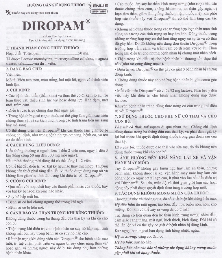 Thuốc Diropam 50mg Enlie điều trị triệu chứng đau thắt ngực giả, tiền mê sảng (2 vỉ x 10 viên)