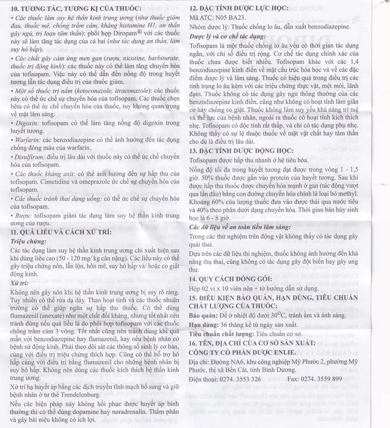 Thuốc Diropam 50mg Enlie điều trị triệu chứng đau thắt ngực giả, tiền mê sảng (2 vỉ x 10 viên)