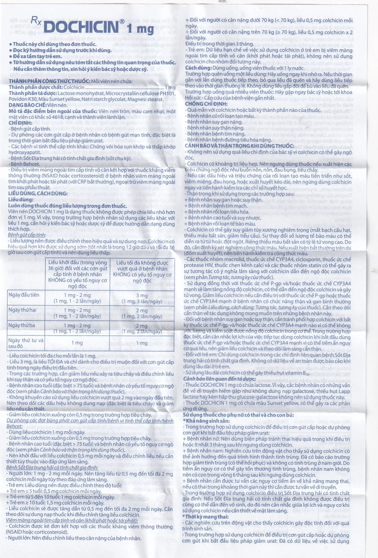 Thuốc Dochicin 1mg Domesco điều trị bệnh gút cấp tính (20 viên)