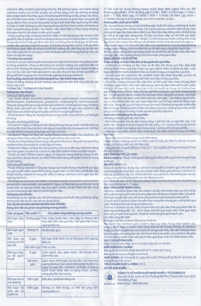 Thuốc Dochicin 1mg Domesco điều trị bệnh gút cấp tính (20 viên)