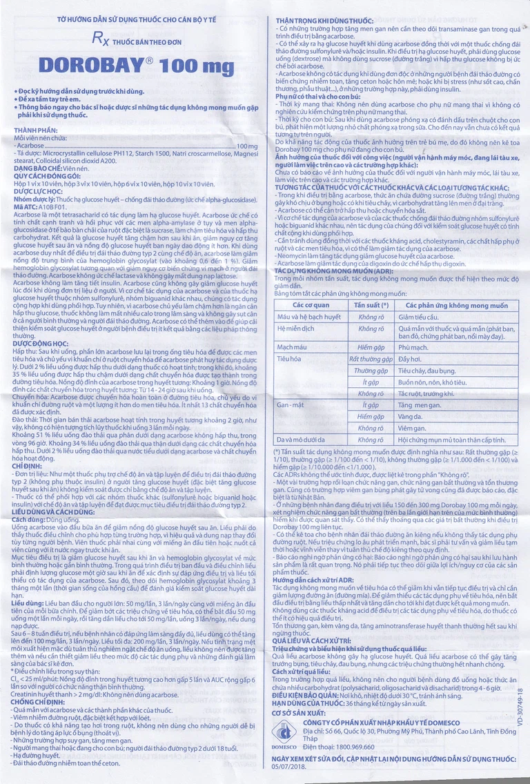 Thuốc Dorobay 100mg Domesco điều trị đái tháo đường típ 2 (3 vỉ x 10 viên)