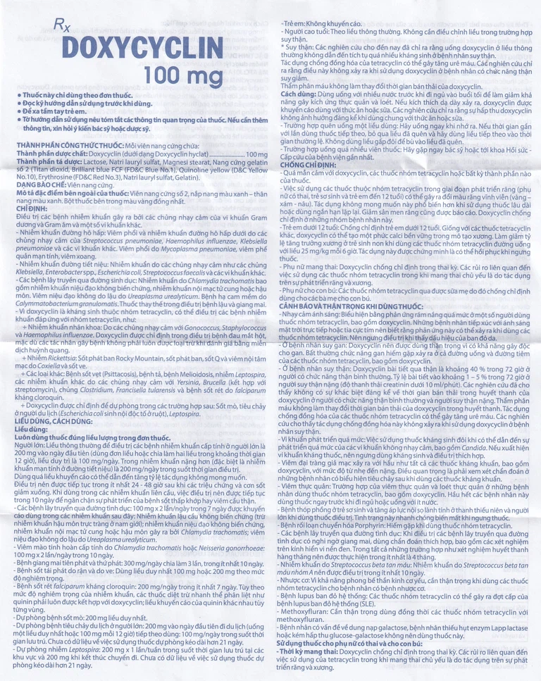 Thuốc Doxycyclin 100mg Domesco điều trị nhiễm khuẩn (10 vỉ x 10 viên)